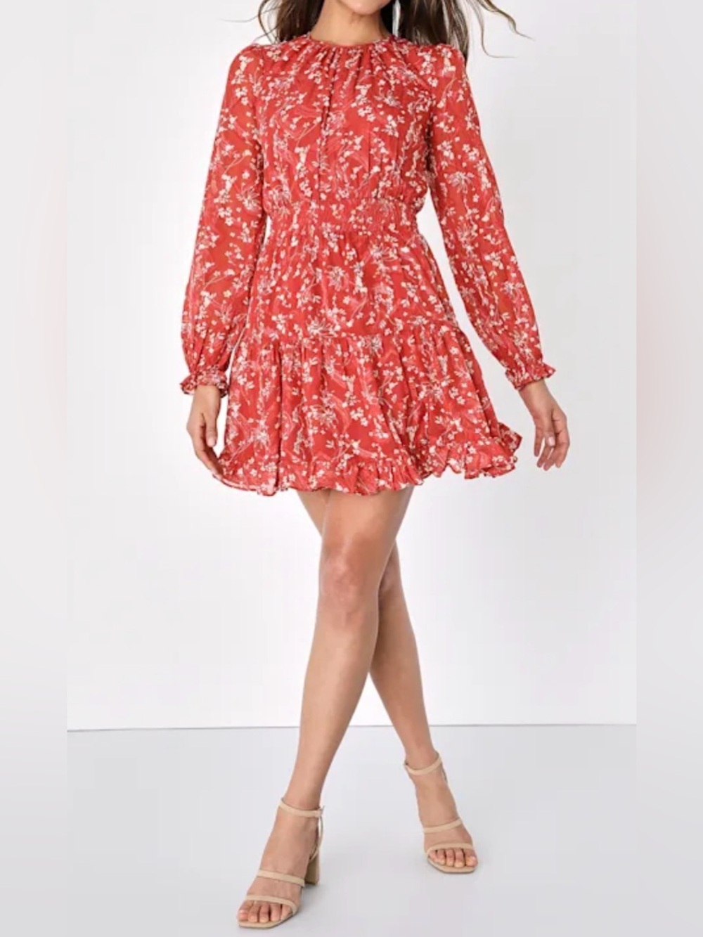 NWT Lulus Too Cute Rust Red Floral Print Smocked Long Sleeve Mini Dress